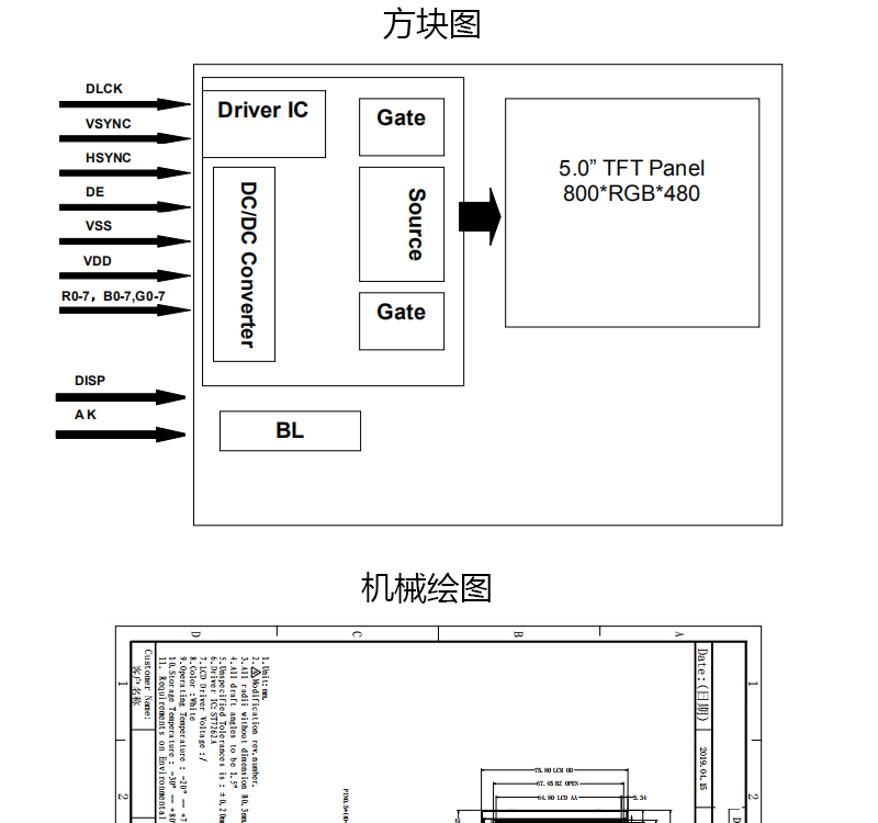 5.0寸液晶屏 800*400像素40pinips横屏RGS接口支持定制开发