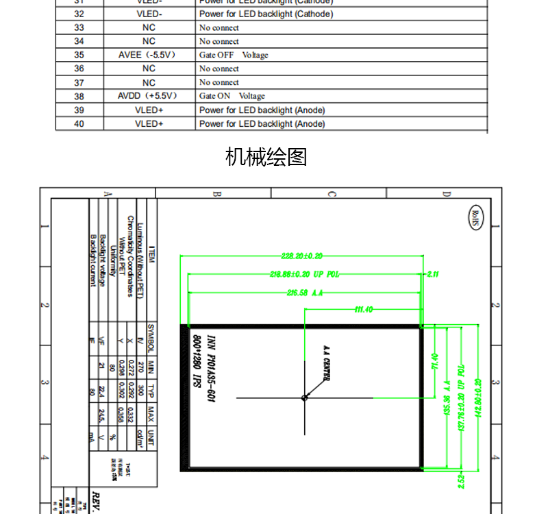 10.1寸液晶屏 800*1280像素40PIN IPS竖屏MIPI不带power
