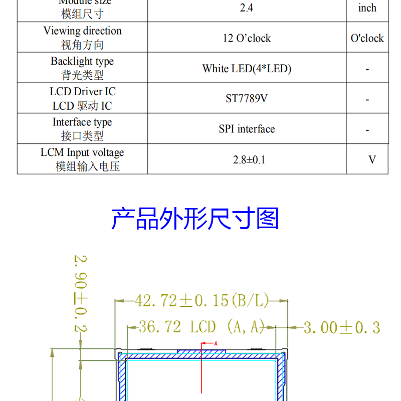 2.4寸液晶屏模块分辨率240(RGB) * 320 引脚10pin