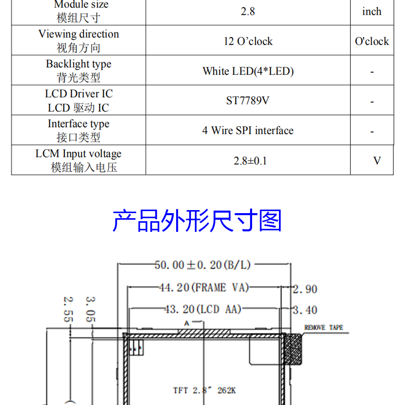 2.8寸液晶屏240(RGB) * 320 分辨率 SPI 262K