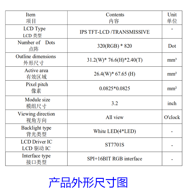 3.2寸手持终端液晶屏分辨率 320(RGB) * 820