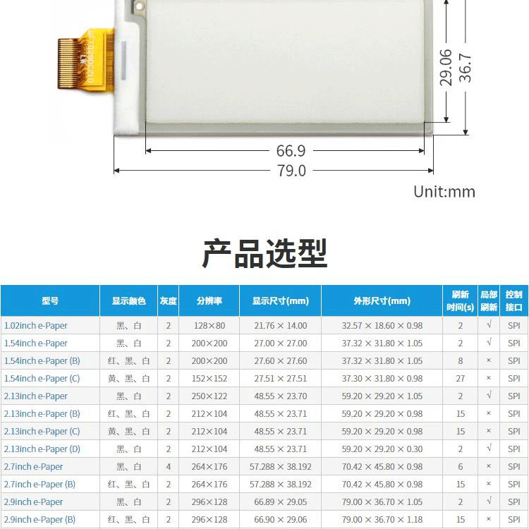 2.9寸液晶屏定制电子墨水屏模块 SPI