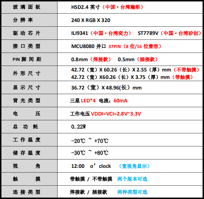 2.4寸TFT液晶屏显示屏定制 MCU 37PIN