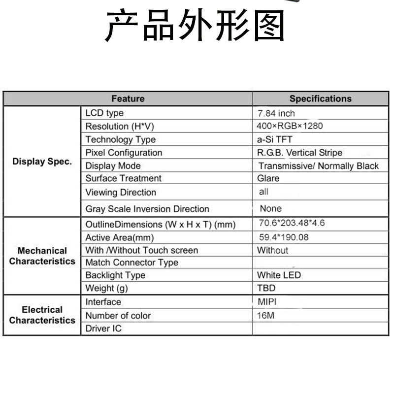 7.84寸液晶屏400RGB*1280 IPS 可定制行车记录仪屏