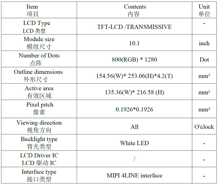 10.1寸液晶屏分辨率800*1280 高清 高亮MIPI IPS 人脸识别刷脸支付屏